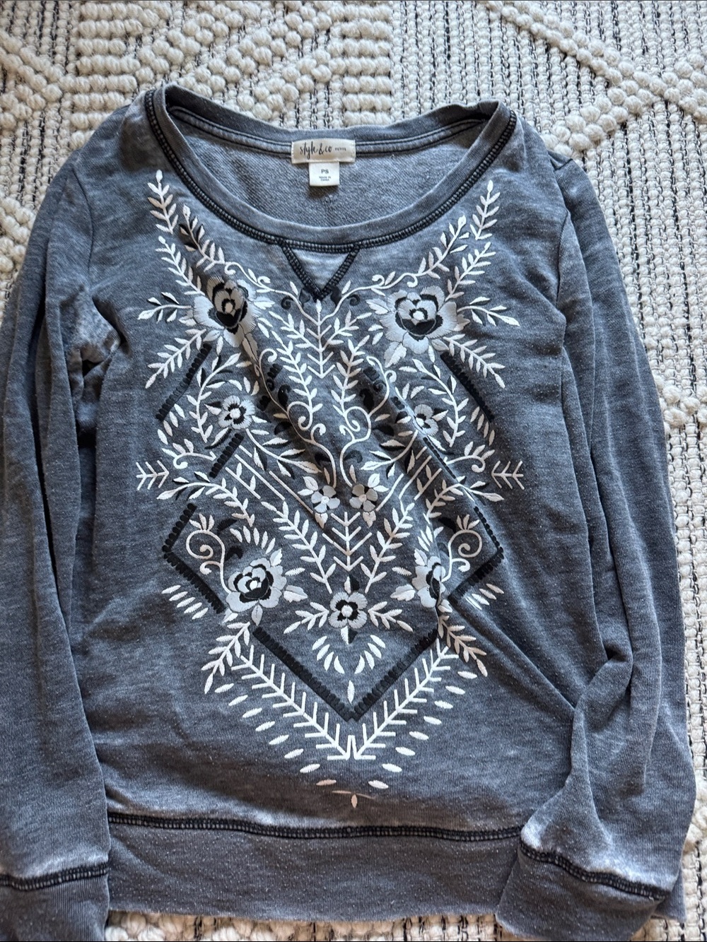 Style & Co. Charcoal Gray Embroidered Floral Sweatshirt